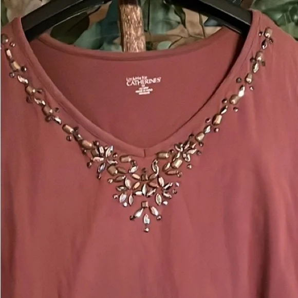 LIZ & ME for CATHERINES BROWN BEADED NECK SLEEVELESS TEE.BROWN IN PLUS SZ 3X EUC - Picture 4 of 10